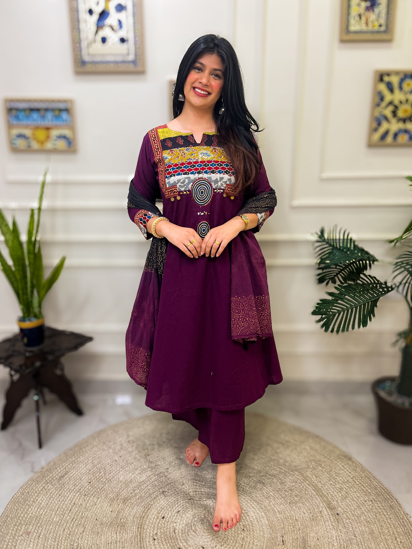 Gamthi Anarkali Suit set with mirror work- Wine Colour