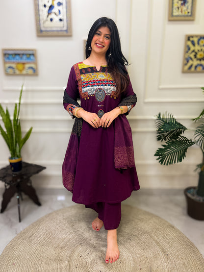 Gamthi Anarkali Suit set with mirror work- Wine Colour