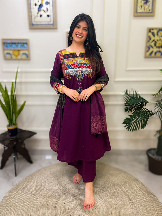 Gamthi Anarkali Suit set with mirror work- Wine Colour