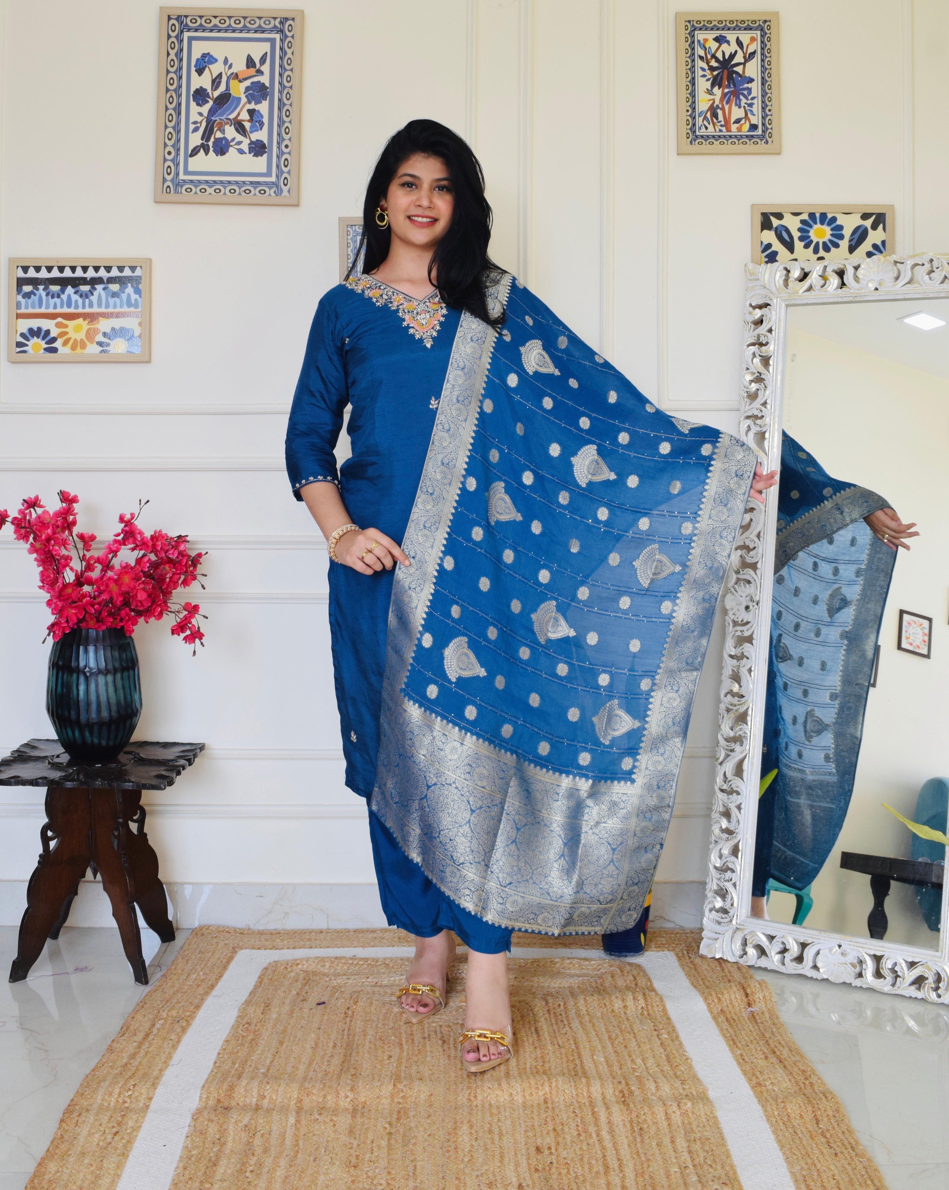 Pure Dola Silk Hand Embroidered Suit set- Teal