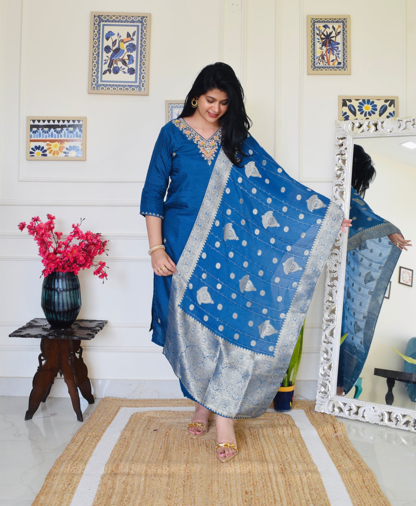 Pure Dola Silk Hand Embroidered Suit set- Teal