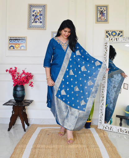 Pure Dola Silk Hand Embroidered Suit set- Teal