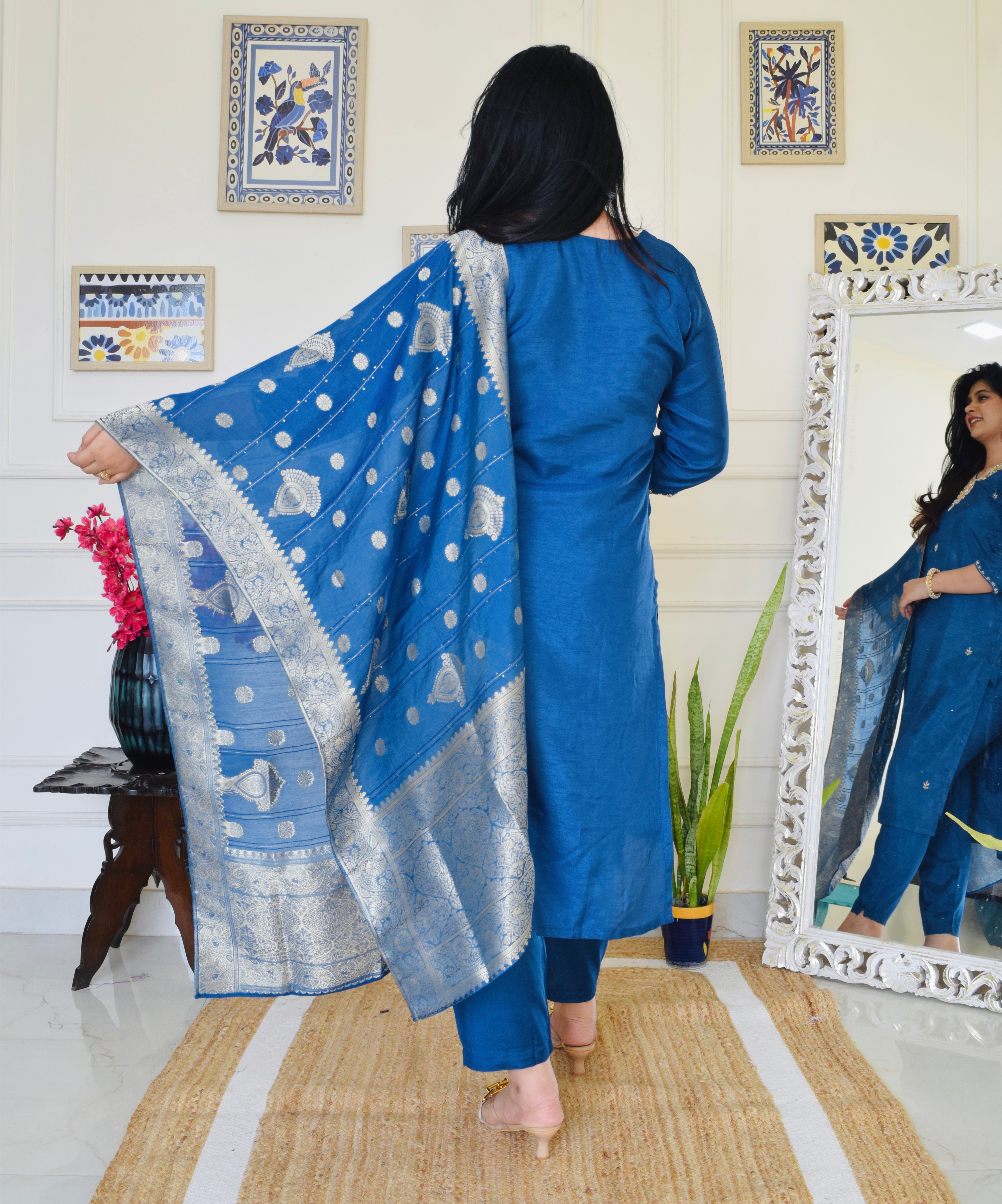 Pure Dola Silk Hand Embroidered Suit set- Teal