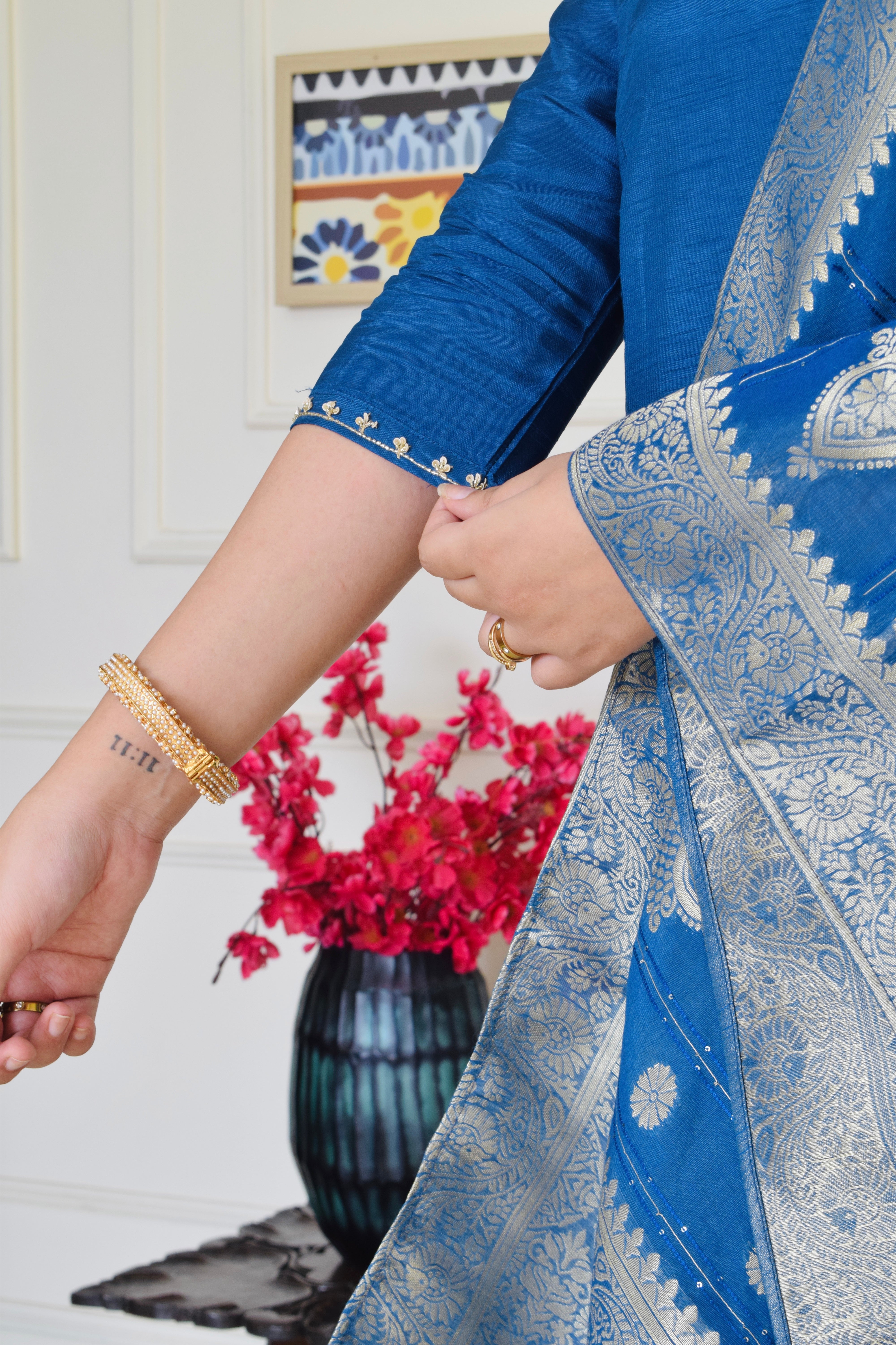 Pure Dola Silk Hand Embroidered Suit set- Teal