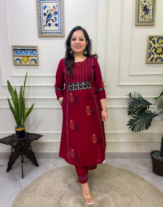 Red Aline 2 piece premium Silk Cotton Suit Set- Red