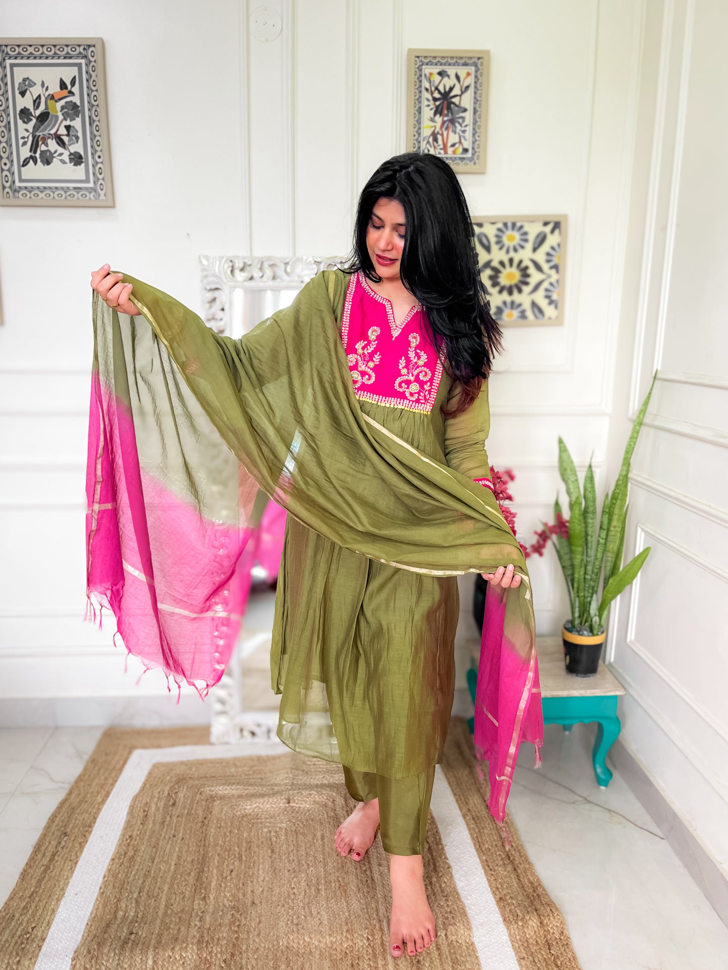 Pure Mul Chanderi Anarkali Suit set with hand embroidery- Green Pink