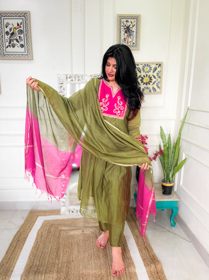 Pure Mul Chanderi Anarkali Suit set with hand embroidery- Green Pink