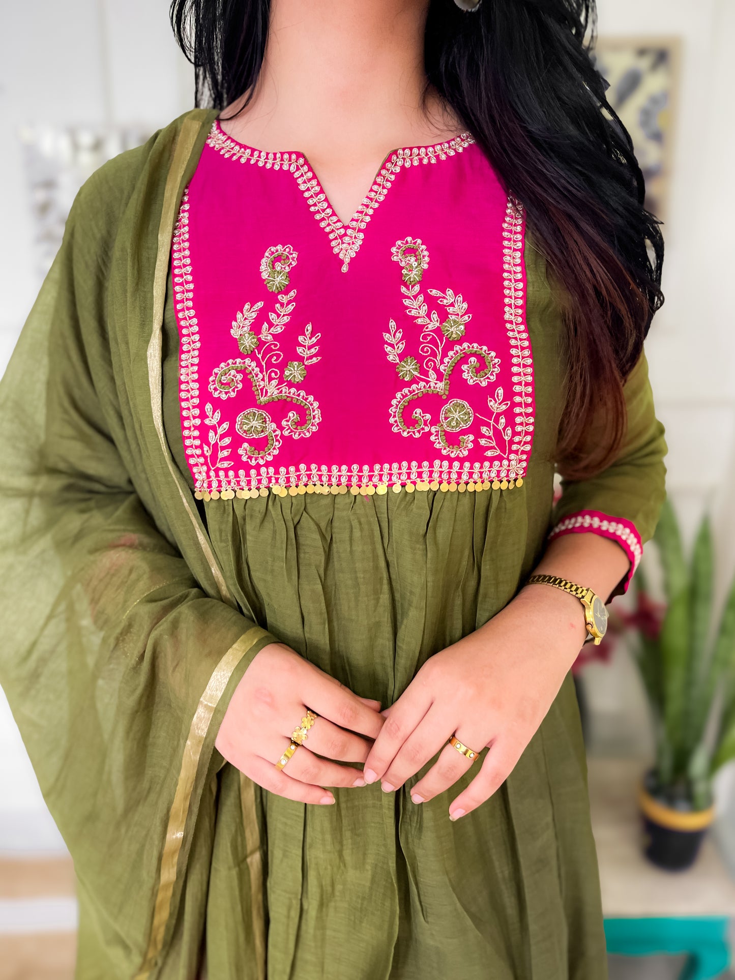 Pure Mul Chanderi Anarkali Suit set with hand embroidery- Green Pink