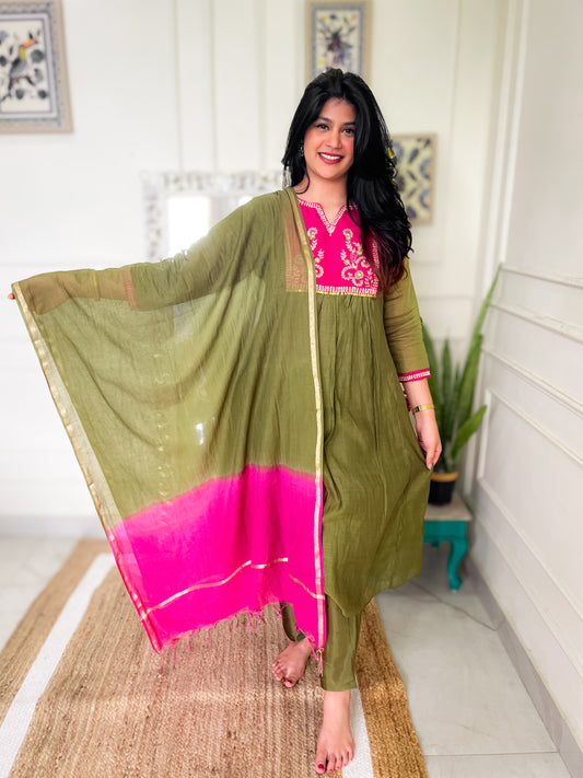 Pure Mul Chanderi Anarkali Suit set with hand embroidery- Green Pink