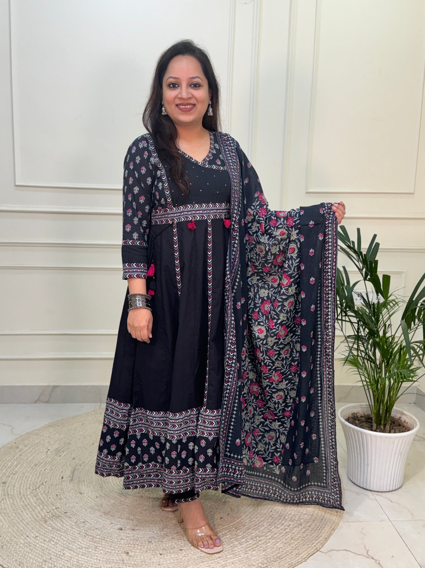 Nayab Pure Cotton Boho Anarkali Suit Set- Black