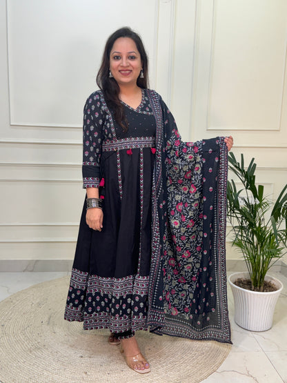 Nayab Pure Cotton Boho Anarkali Suit Set- Black