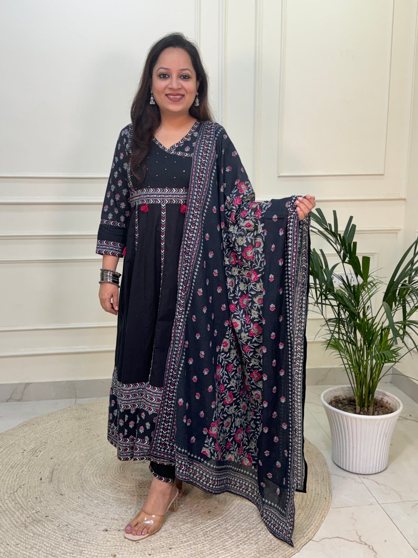 Nayab Pure Cotton Boho Anarkali Suit Set- Black