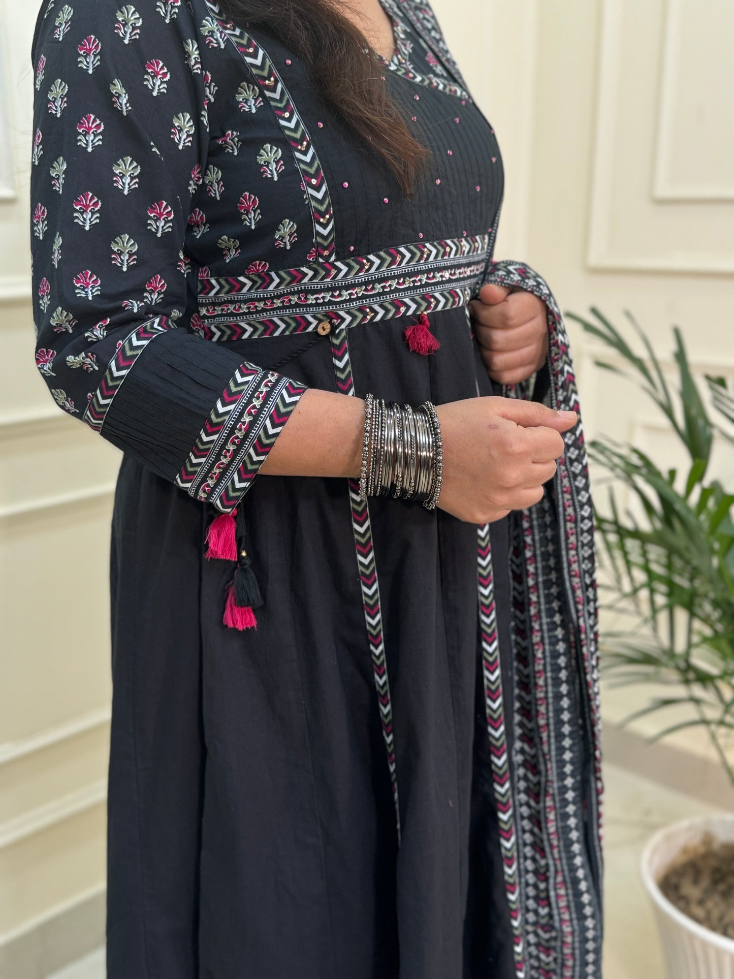 Nayab Pure Cotton Boho Anarkali Suit Set- Black