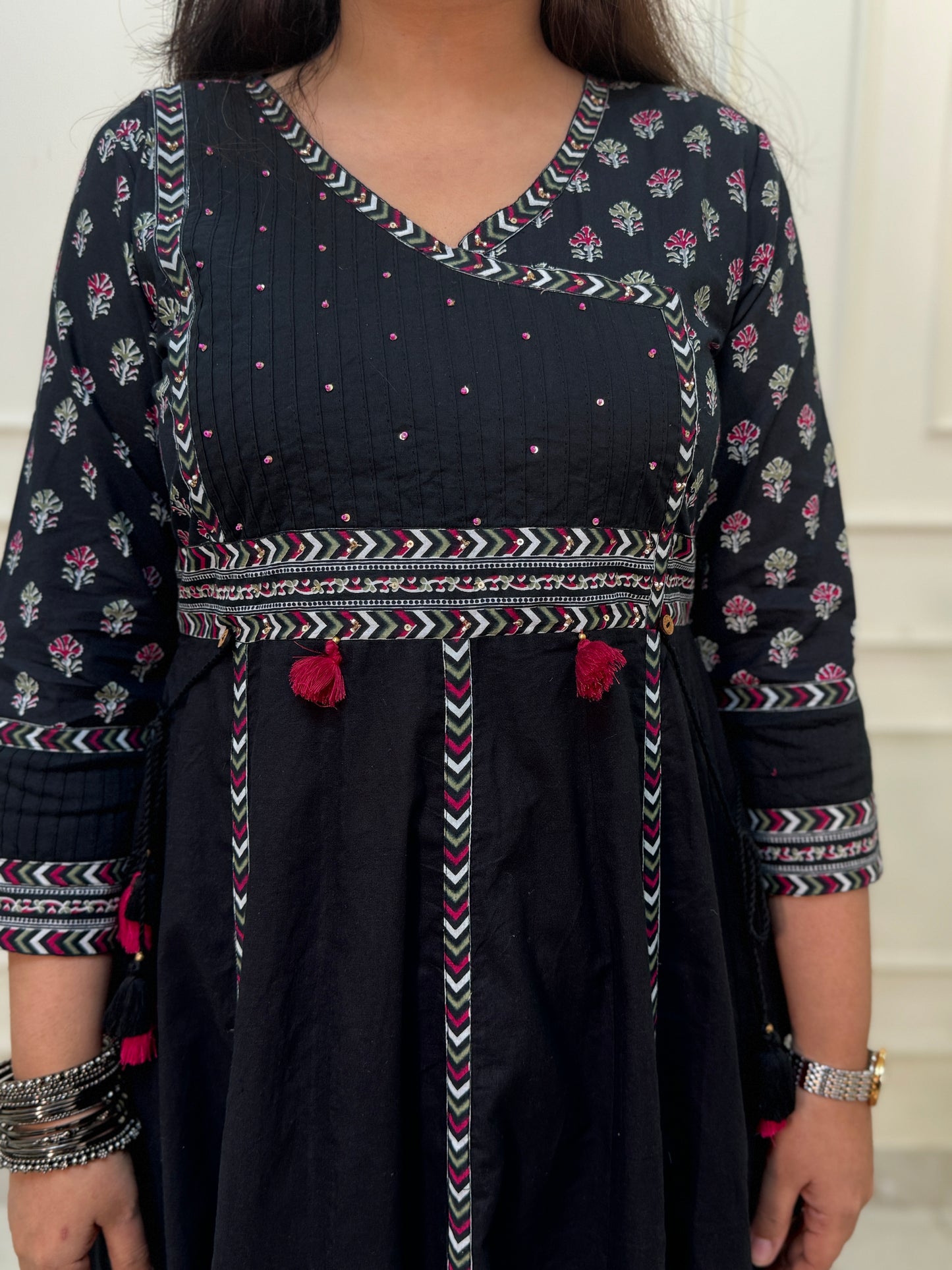 Nayab Pure Cotton Boho Anarkali Suit Set- Black