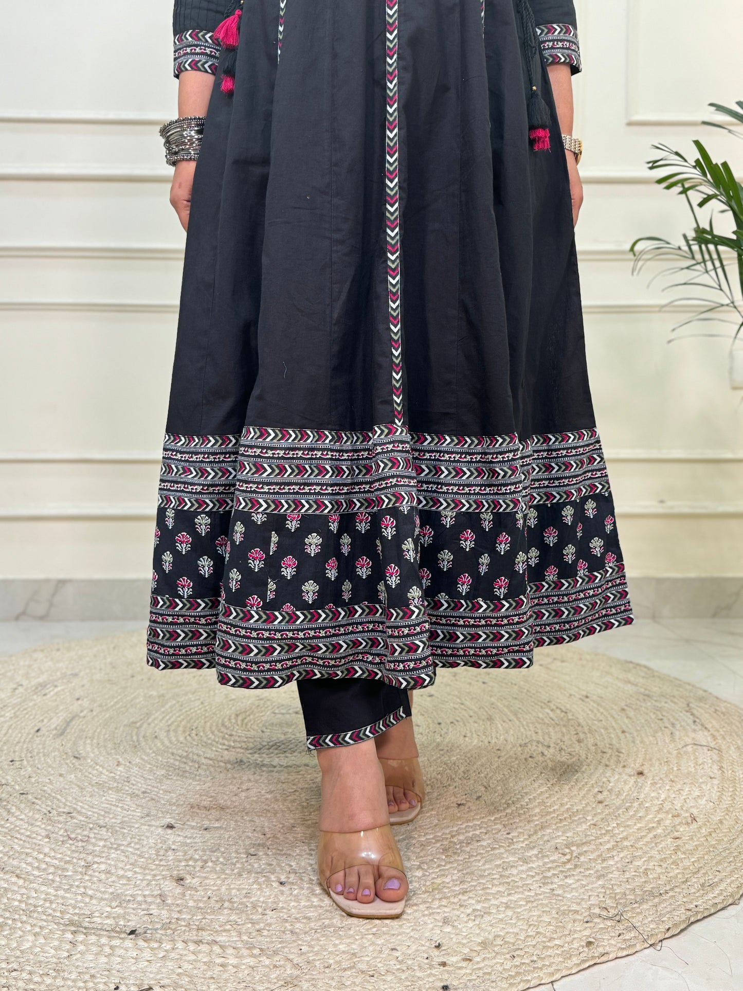 Nayab Pure Cotton Boho Anarkali Suit Set- Black