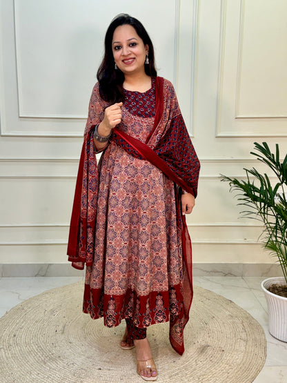 Farhat Kalamkari Anarkali Suit set-Red Colour