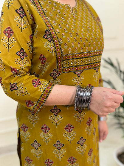 Zena premium Cotton Ajrakh Suit Set- Mustard