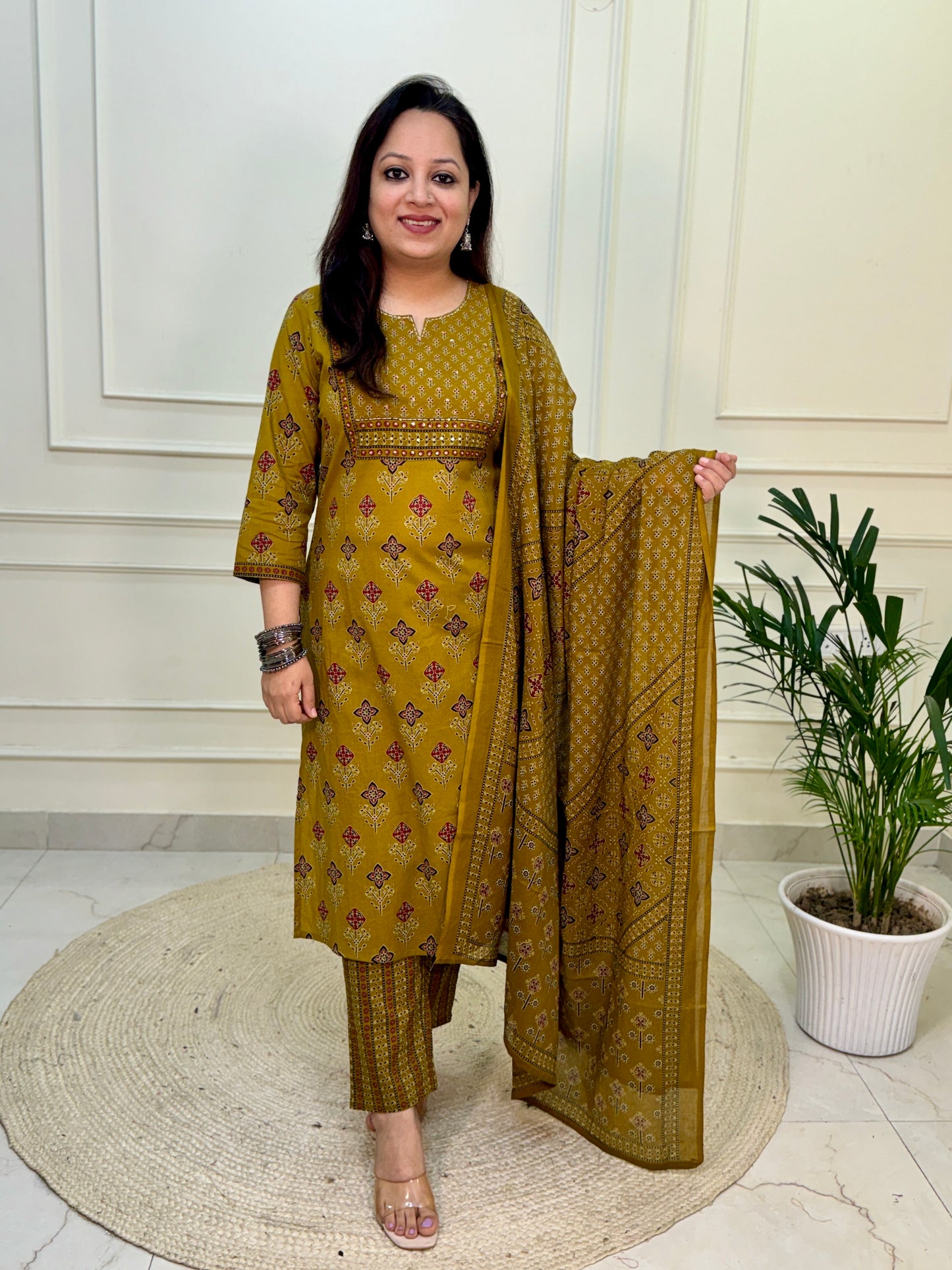 Zena premium Cotton Ajrakh Suit Set- Mustard