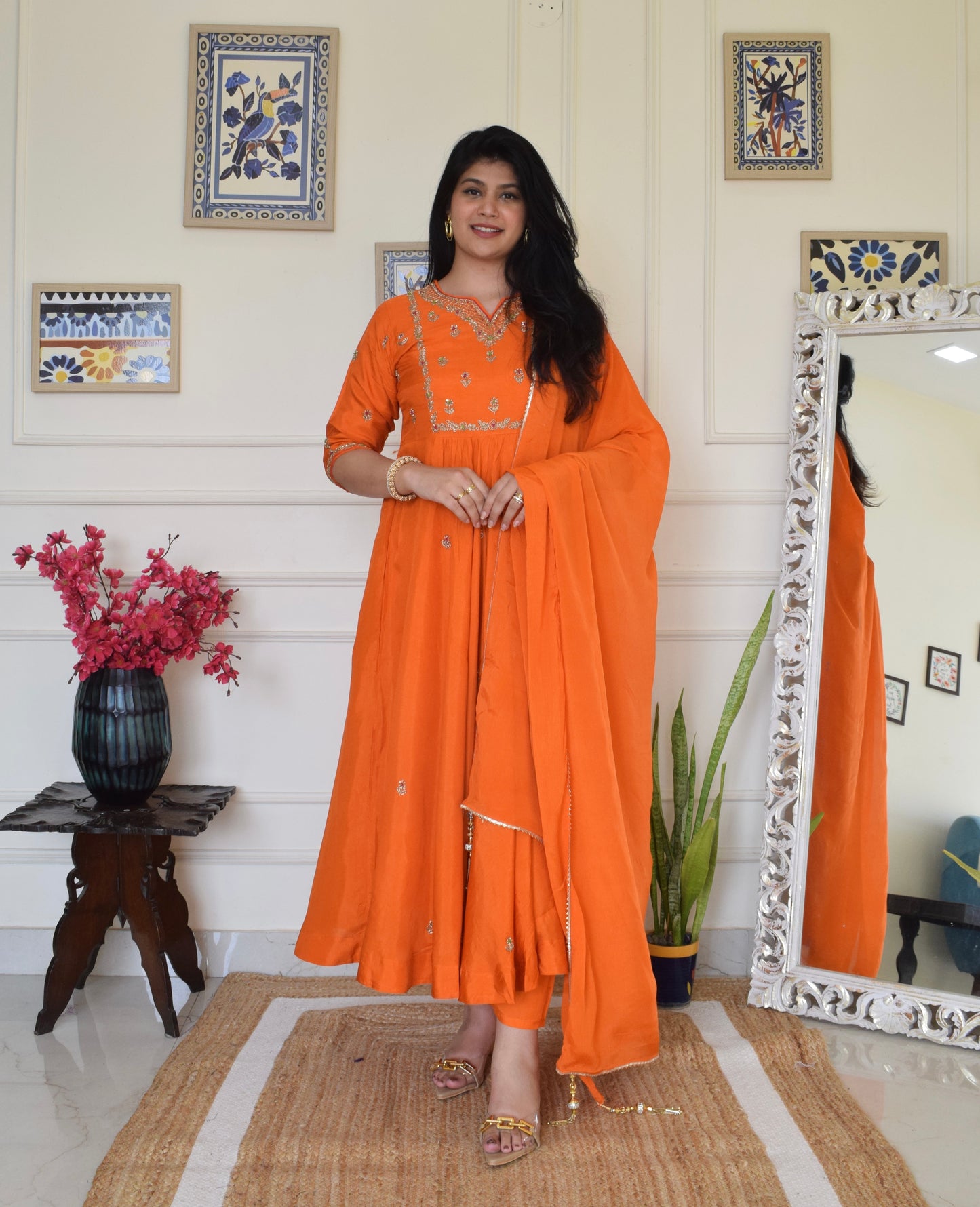 Our Gorgeous 'Laila' Pure Dola Silk Hand Embroidered Anarkali Suit set- Orange