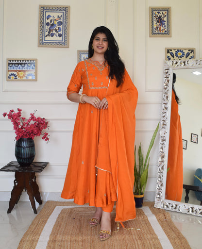 Our Gorgeous 'Laila' Pure Dola Silk Hand Embroidered Anarkali Suit set- Orange