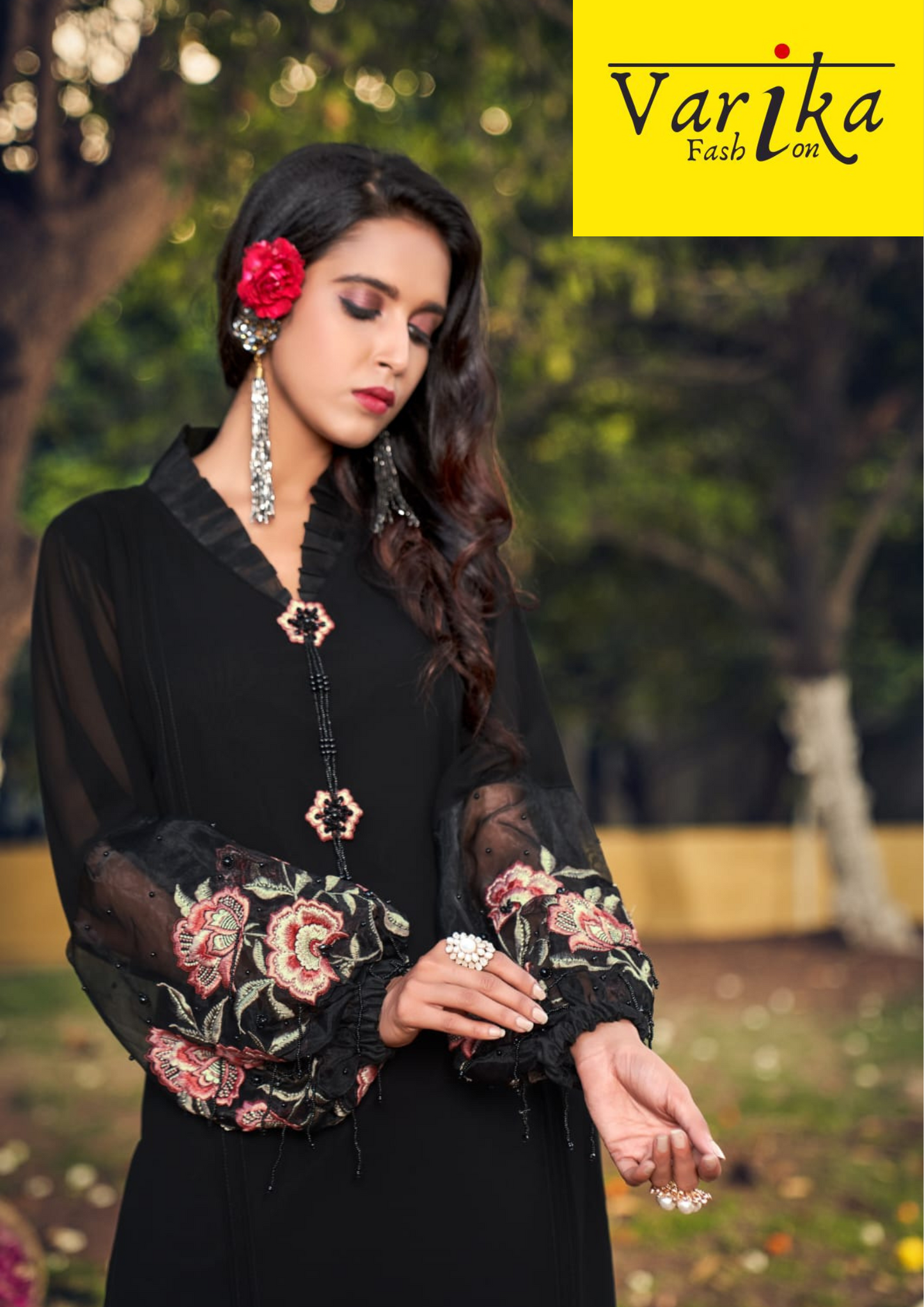 Black Balloon Sleeves Pakistani Suit with Organza Dupatta