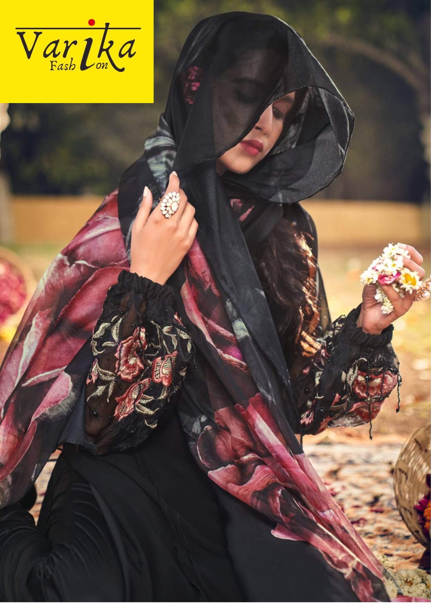 Black Balloon Sleeves Pakistani Suit with Organza Dupatta