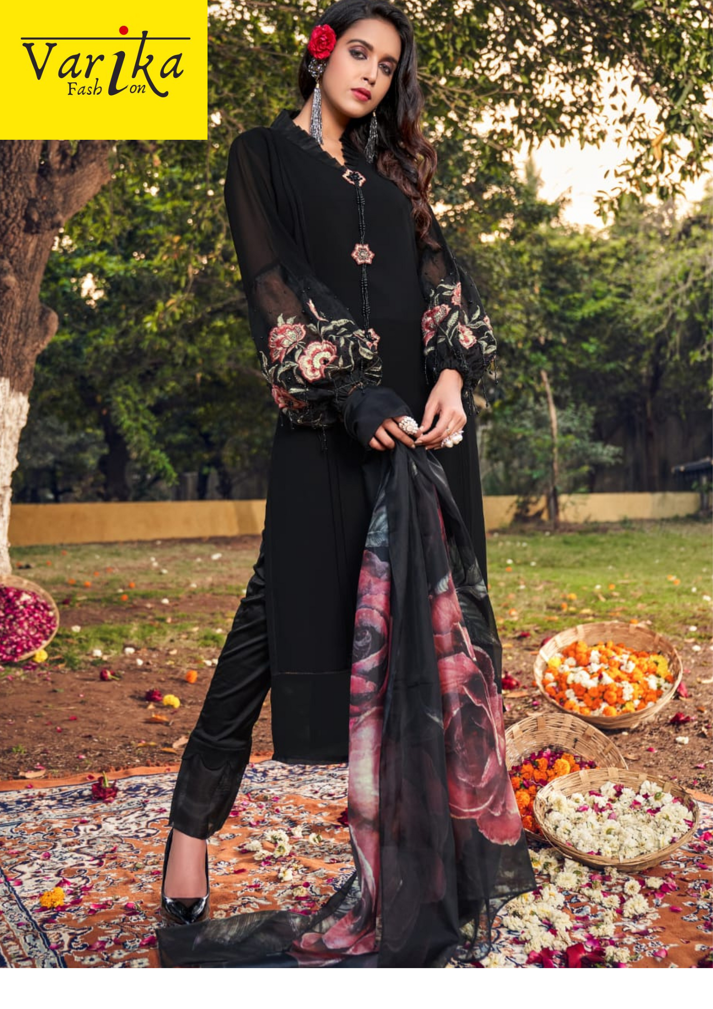 Black Balloon Sleeves Pakistani Suit with Organza Dupatta